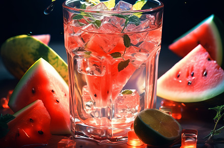 Fresh tropical cocktail with watermelon and ice with tropical trees and plants, a Food & Drink Photo by Natalia Klenova's Shop