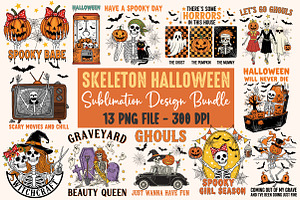 Retro Skeleton Halloween PNG Bundle, an Illustration by OK Design