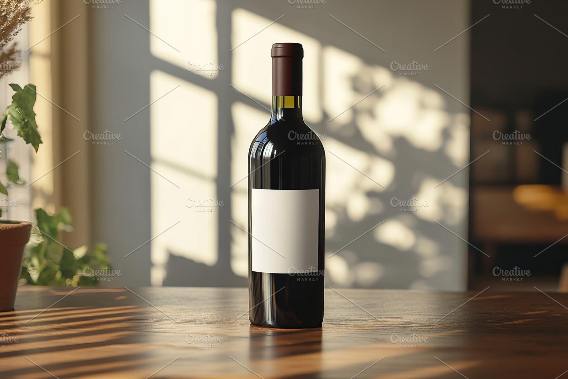 Elegant red wine bottle with blank label on wooden table illuminated by soft su, a Food & Drink Photo by AlyaAnd