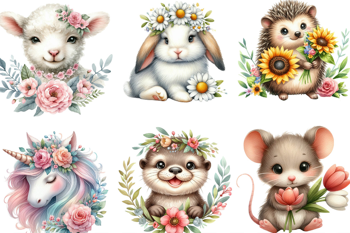 Floral Animals Clipart, an Illustration by Designking (Photo 3 of 5)