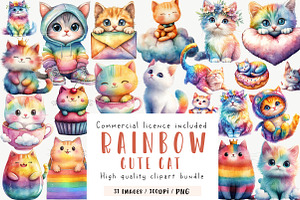Adorable Rainbow Cute Cat Clipart, an Illustration by CreationArt