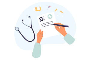 Doctors hands write prescription for, a Healthcare Illustration by Vectorbuum