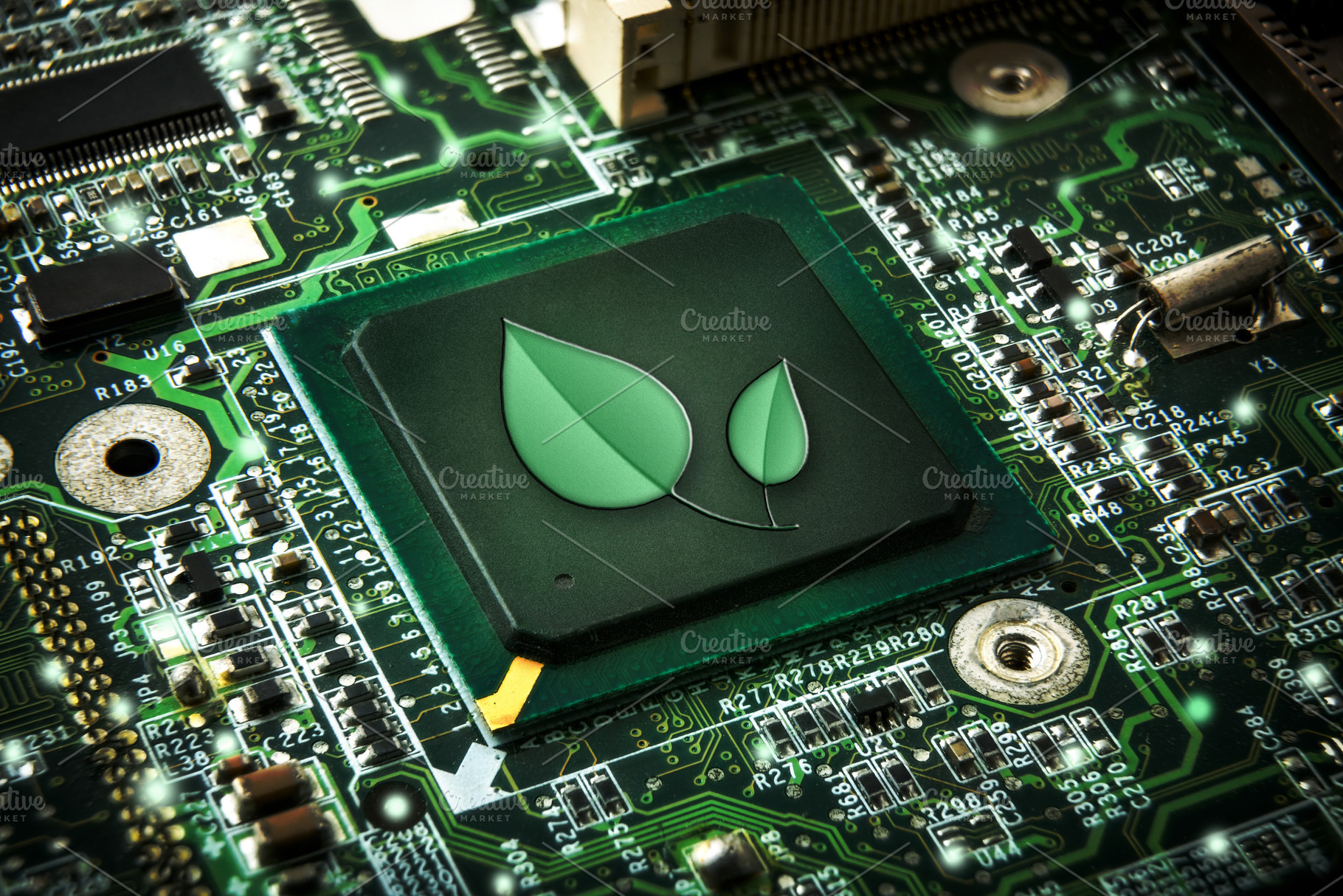 Low-power processor concept with green leaf symbol, a Technology Photo by Davizro's Market
