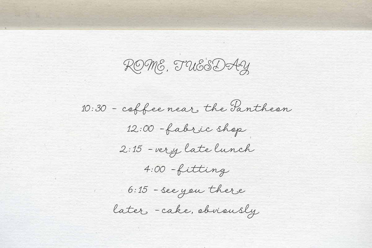 Rome & Cake: Relaxed Script, a Script Font by Mneme (Photo 7 of 8)