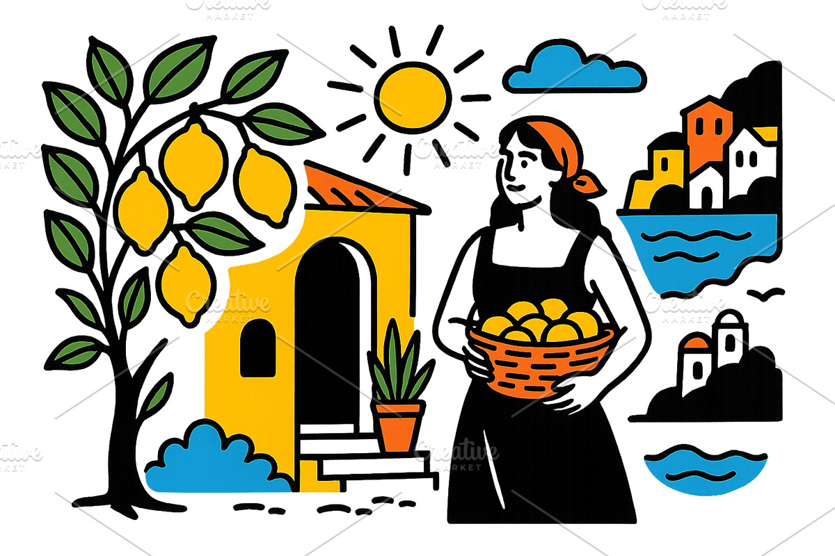 Woman with a basket of lemons near a, an Illustration by ZinetroN