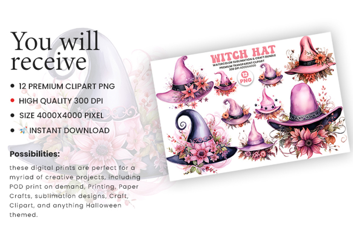 Watercolor Pink Witch Hat PNG Bundle, a Seasonal Illustration by Creative Arslan (Photo 3 of 6)