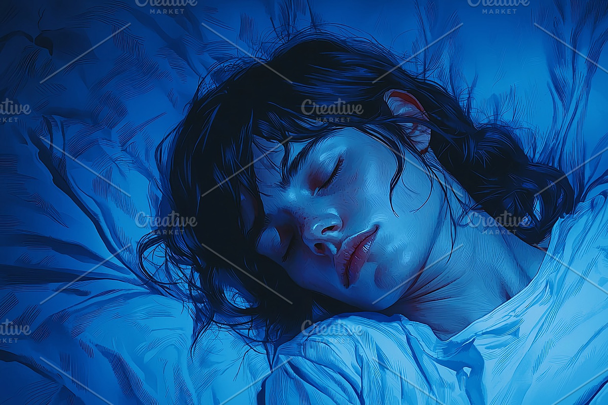 Close-up of a young woman peacefully sleeping under soft blue lighting, an Illustration by AS photostudio
