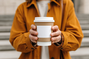 Young woman enjoys coffee while standing outdoors in a stylish reusable cup, a Food & Drink Photo by AlyaAnd