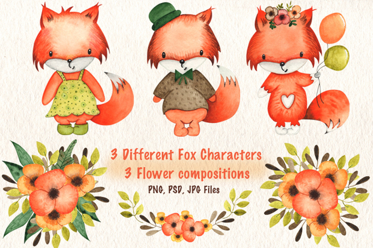 Happy Foxes Watercolor Collection, an Animal Illustration by TanataDesign (Photo 4 of 7)