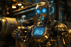 A futuristic robot with a shiny golden exterior and glowing blue eyes, standing, an Industrial Photo by Textures & Backgrounds