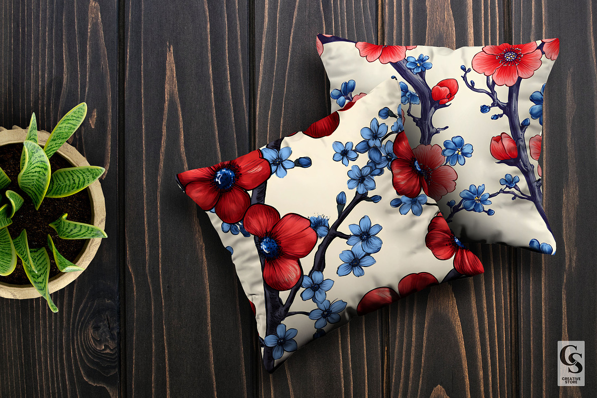 Red Blue Cute Cherry Blossoms Papers, a Pattern Graphic by Creative Store (Photo 3 of 5)