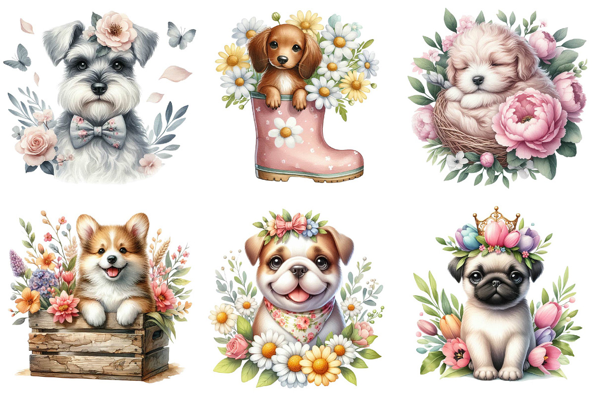 Whimsical Spring Dogs Clipart, an Illustration by DreamPrint404 (Photo 3 of 6)