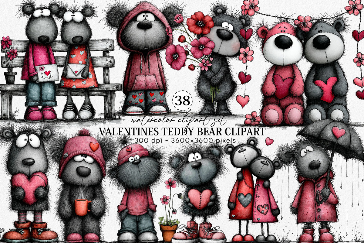 Valentines Teddy Bear Clipart Bundle, an Illustration by Canvas Craft (Photo 1 of 6)