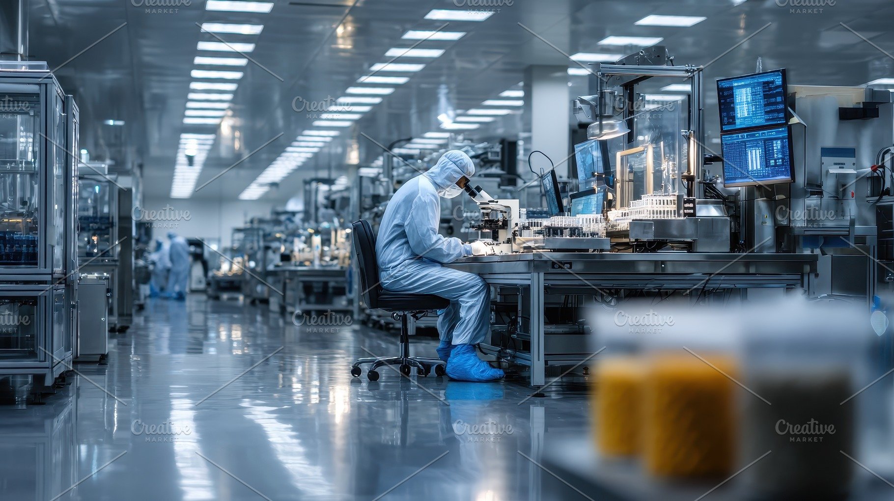 Scientist in cleanroom using microsc, a Photo by Pixeness Studio