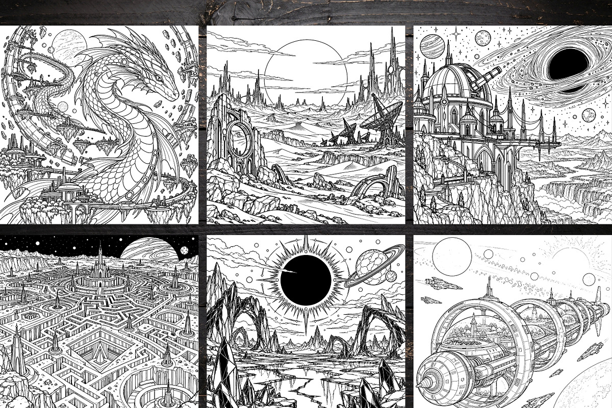 Alien Worlds Coloring Pages Bundle, a Brochure Template by LA Design (Photo 3 of 10)