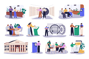 Clients use finance services in bank, a Finance Illustration by Good Studio