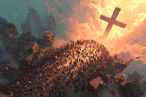 Large crowd facing glowing cross in sky above dystopian slum cit, a Person Photo by José Manuel Gelpi