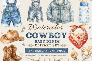 Cowboy Baby Denim Clipart Bundle, a Seasonal Illustration by Tanya Kart