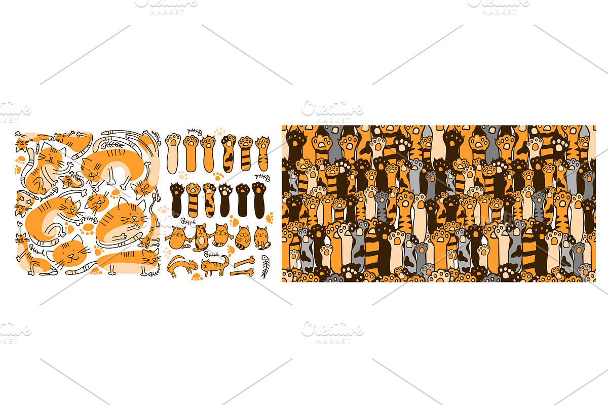 Cute Cat Paw Element Set. Seamless, an Animal Illustration by Nenahliadava Design