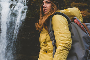 Hiker enjoys waterfall view stock photo containing nature and explore