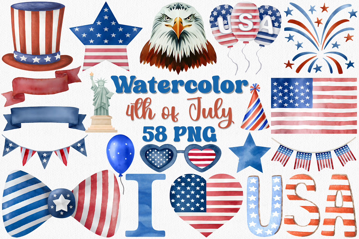 Watercolor 4th Of July Clipart Set, an Illustration by CropUp Creative (Photo 1 of 4)