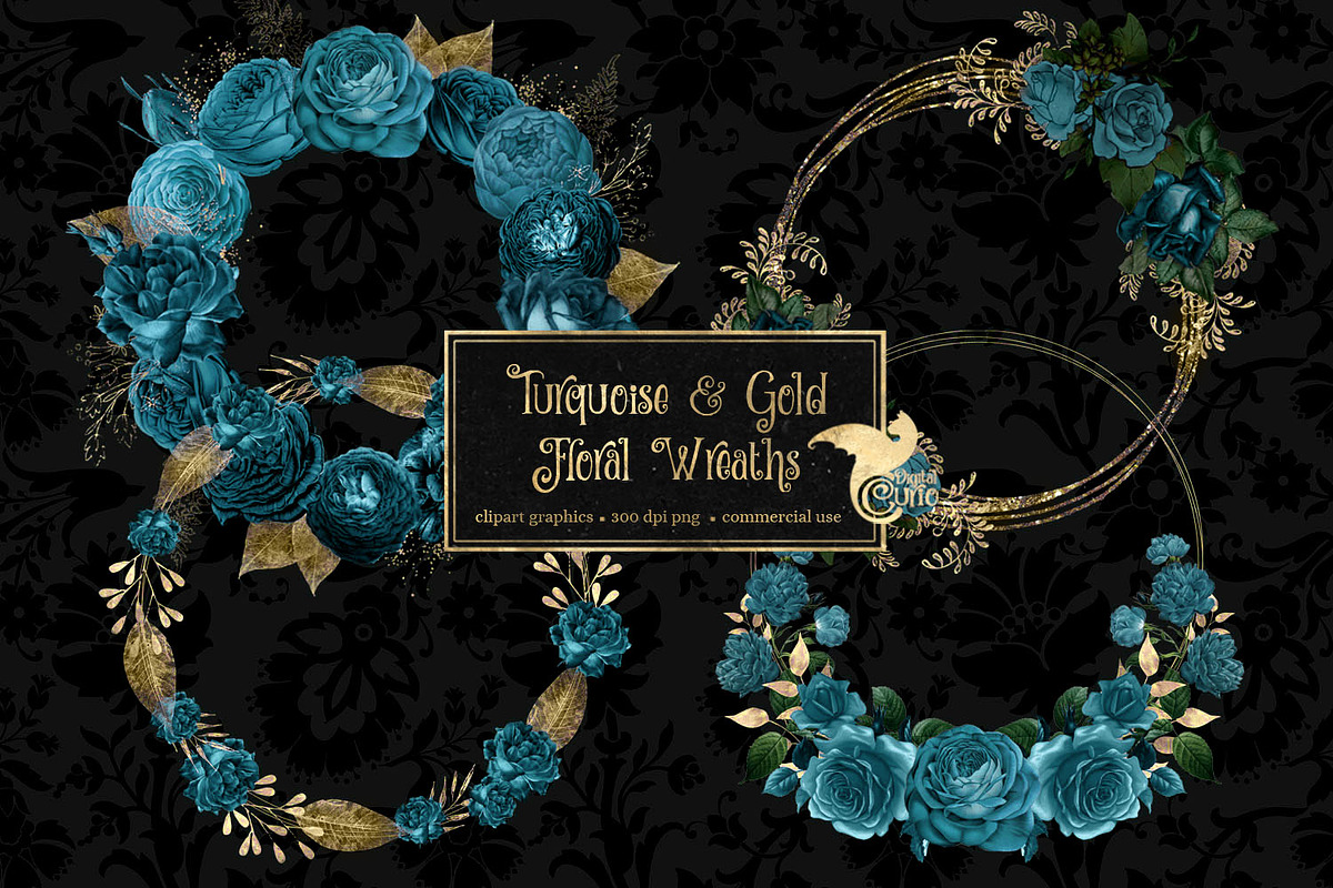 Turquoise and Gold Floral Wreaths, an Illustration by Digital Curio