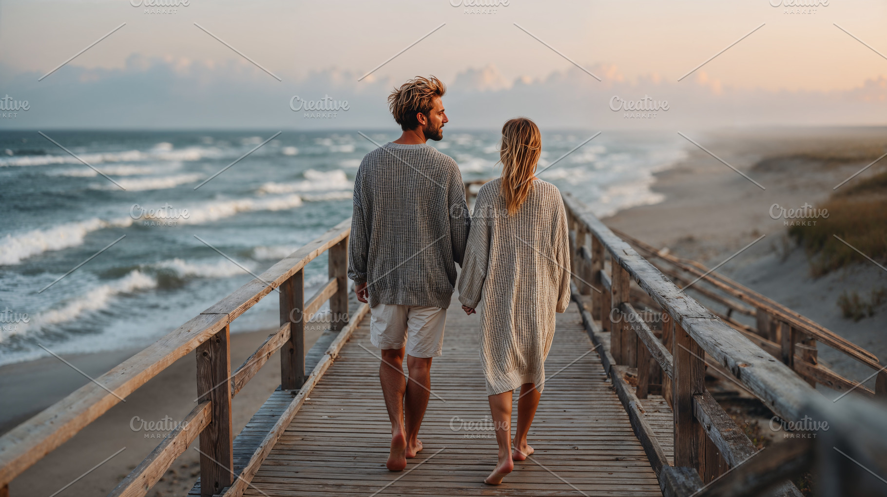 Couple walks hand in hand on wooden path during sunset by beach, a Photo by OSORIOartist