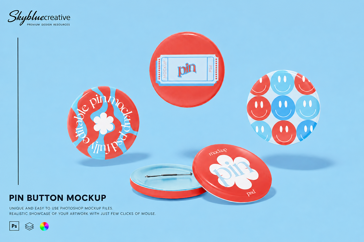 Set of Pin Button Mockup, an Advertising Mockup by skybluecreative (Photo 1 of 2)