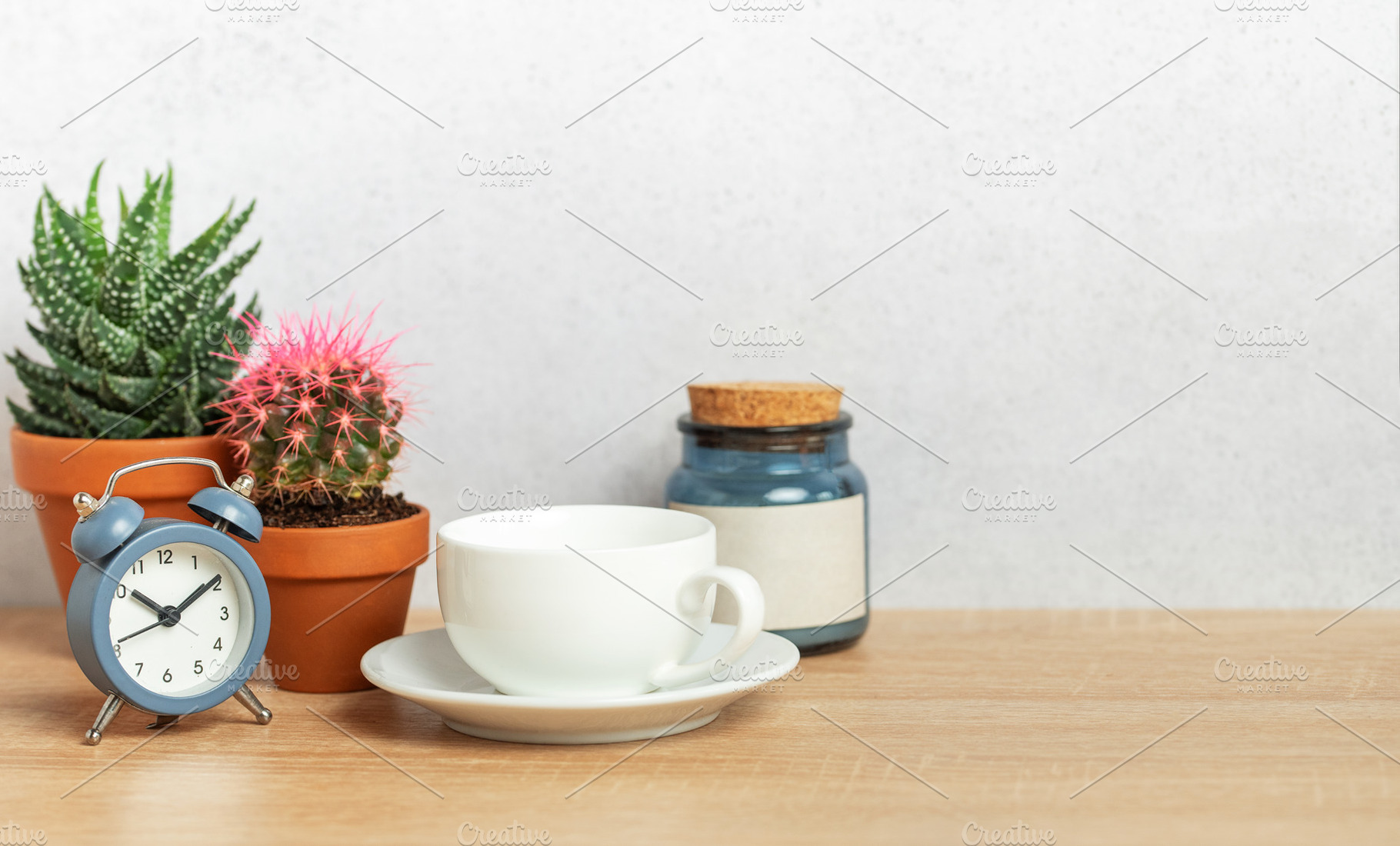 Coffee cup, alarm clock and cacti creating relaxing morning atmo, a Nature Photo by Olena Rudo