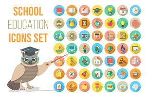 Vector Flat Round School Icons