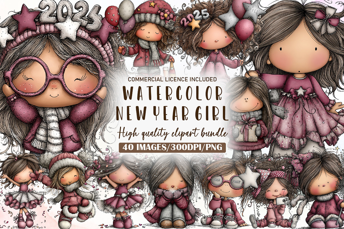 Watercolor New Year Girl Clipart, an Illustration by Sublimation Artist (Photo 1 of 6)