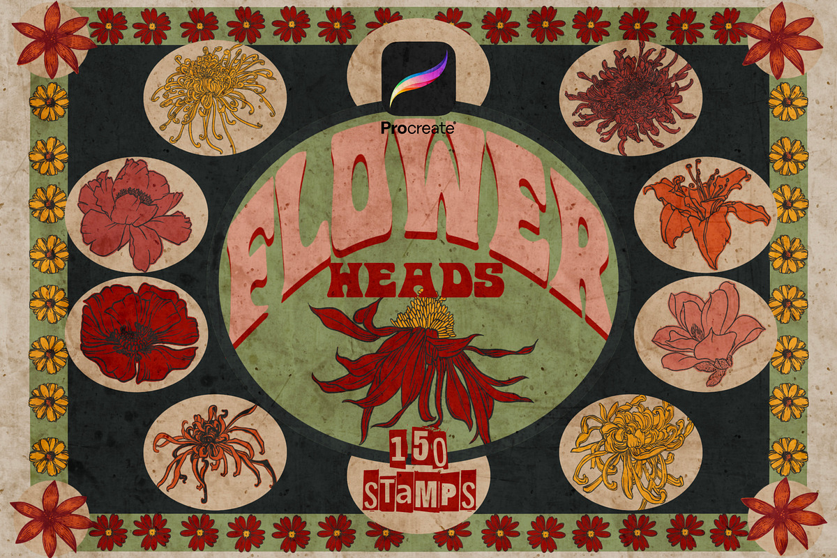 Flower heads stamps for Procreate, a Brush Add-On by TheWhiteCatLab (Photo 1 of 7)