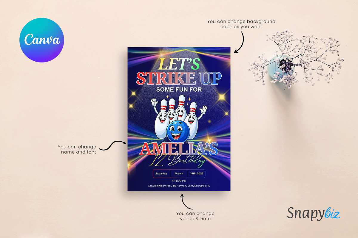 Editable Bowling Birthday Invitation, a Design Template by Snapybiz (Photo 6 of 9)