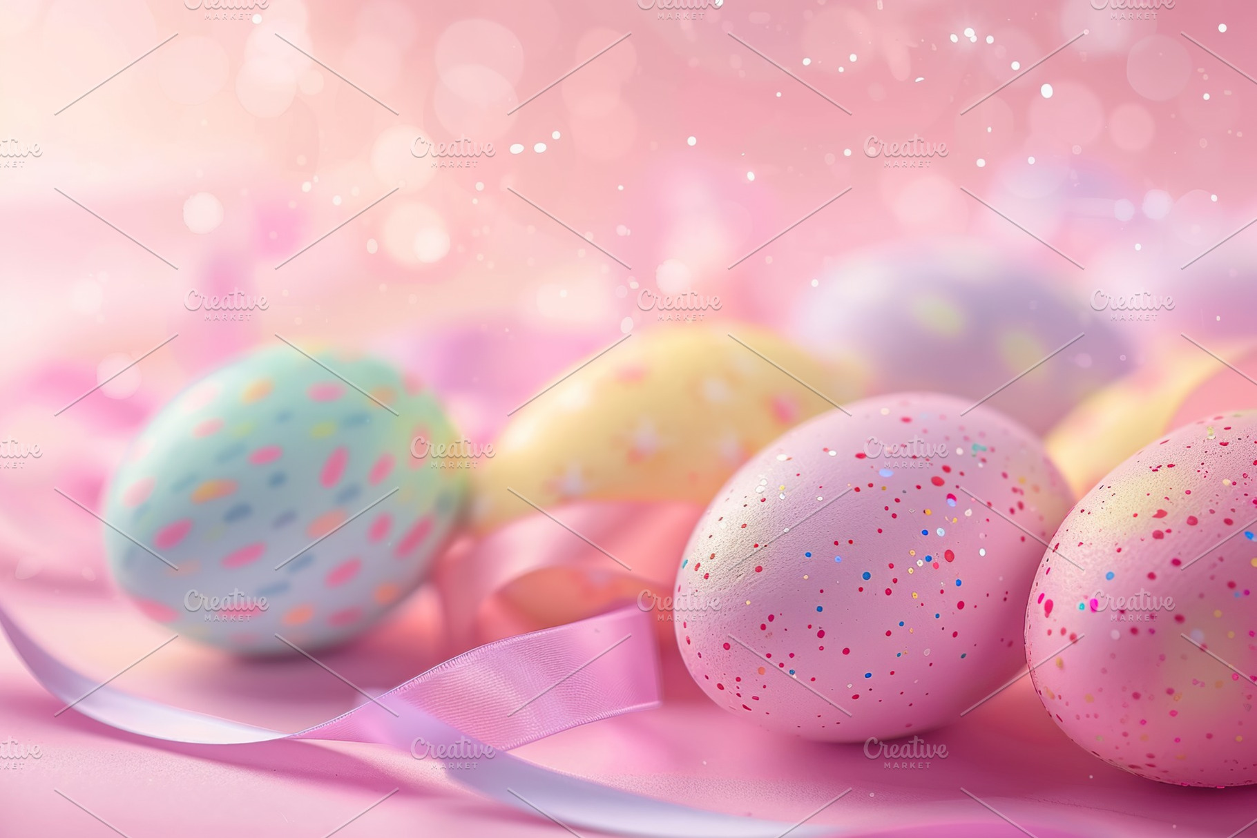 Colorful painted decorated easter eggs with ribbon on blurred pink background, a Holiday Photo by AlyaAnd