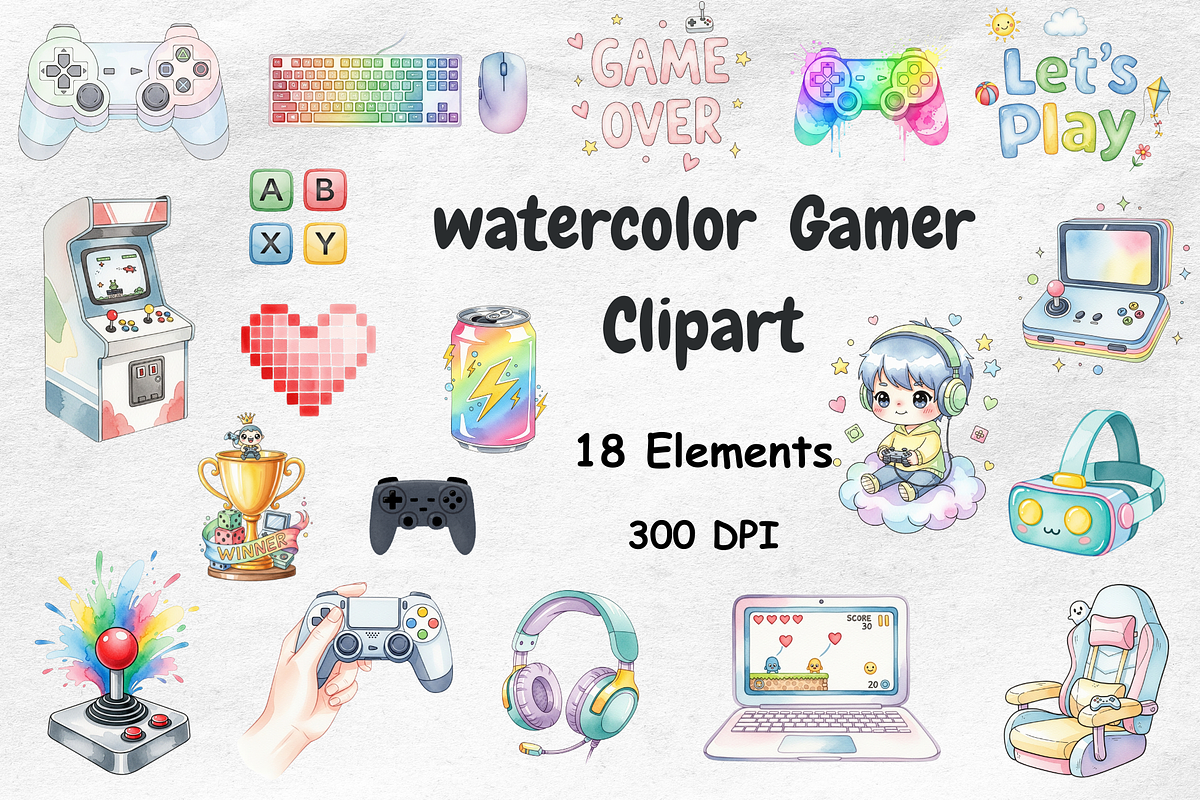 Watercolor Gamer Clipart, a Decorative Illustration by BerryPieArt (Photo 1 of 4)