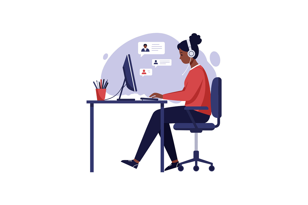 A woman working at a desk with a com, an Illustration by designvectx