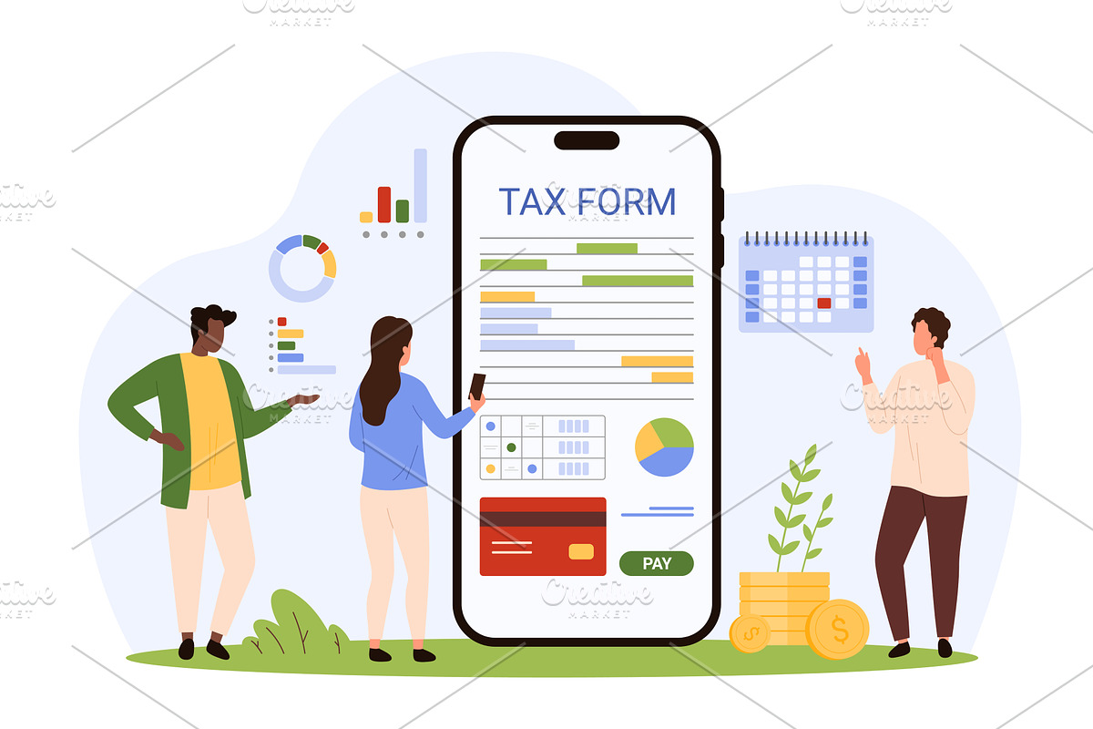 Filling out tax form in mobile, a Person Illustration by Flashvector