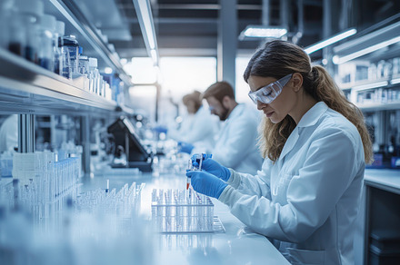 Scientist in lab analyzing test tube, a Health & Medical Photo by Pixeness