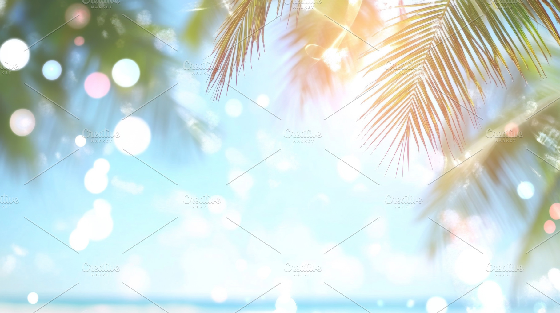 Blurred holidays background of exotic beach with palm leaves and, a Photo by Dvoevnore photos