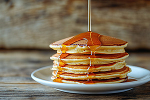 Fluffy pancakes stacked high with sweet syrup drizzling down on a wooden table, a Food & Drink Photo by AlyaAnd