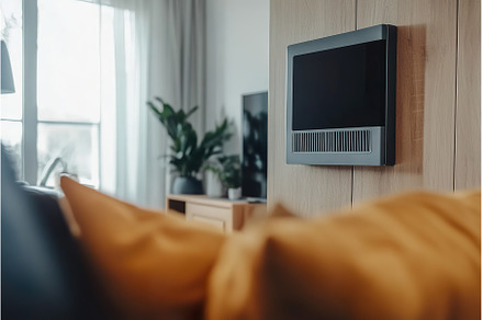 Modern living room with wall mounted, a Technology Photo by Lermont51