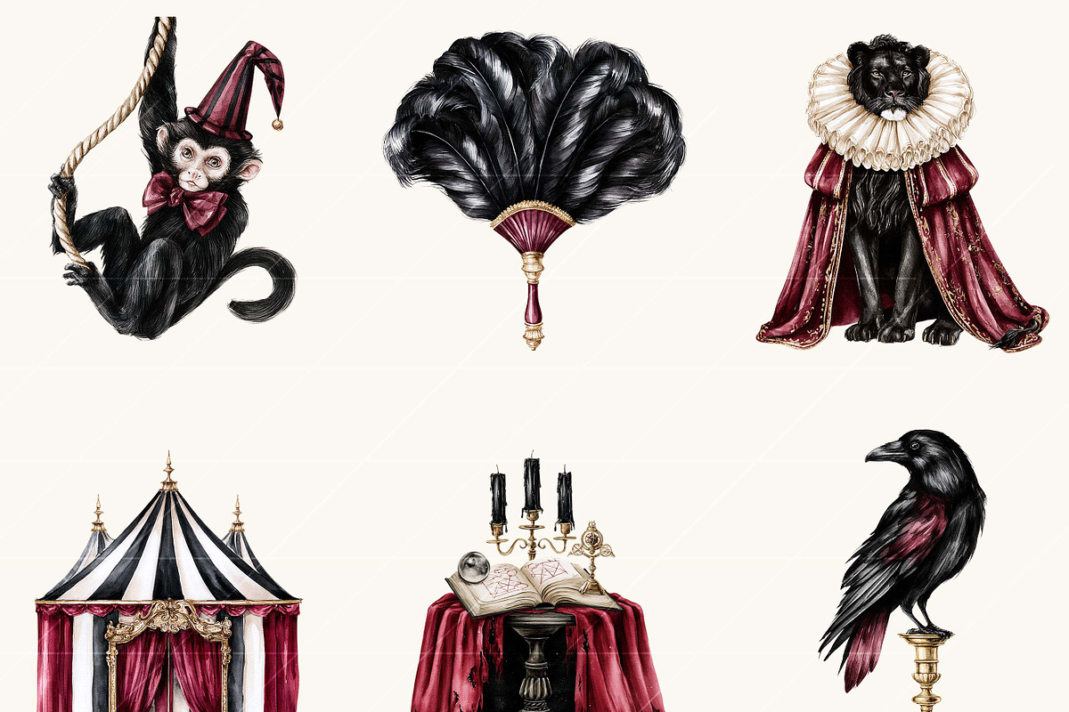 Watercolor Halloween Dark Circus, an Object Illustration by BusyDaydesign (Photo 5 of 9)