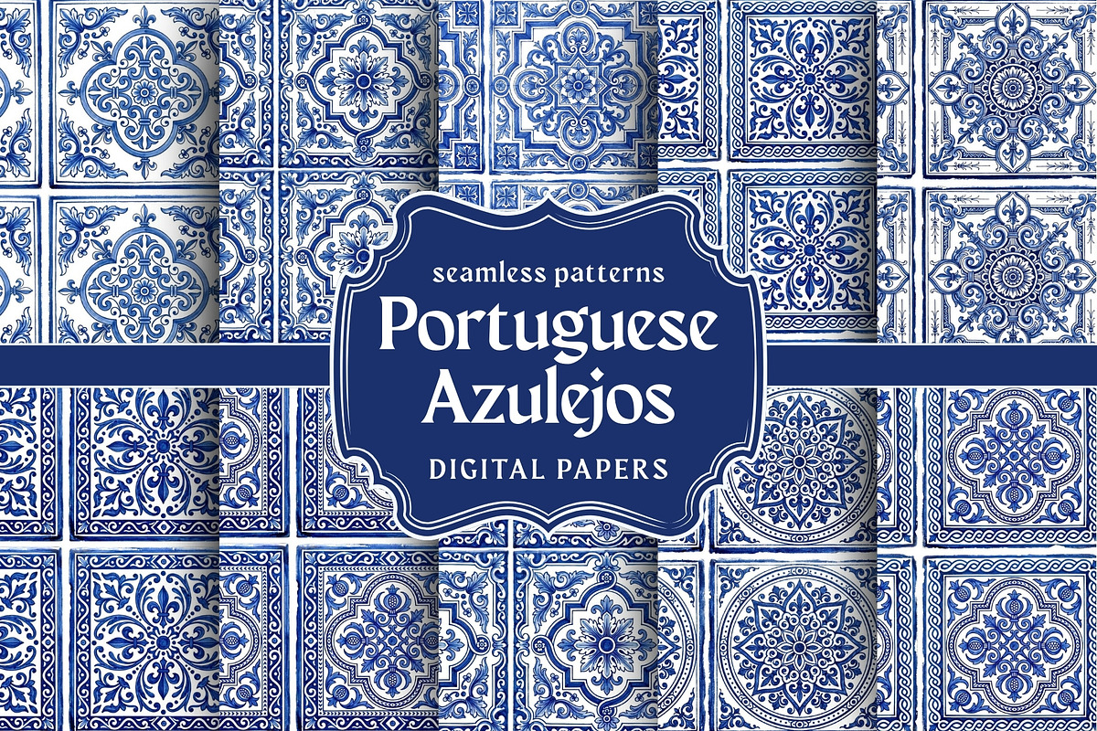 Blue White Azulejo Seamless Patterns, a Pattern Graphic by VectorPanther (Photo 1 of 10)