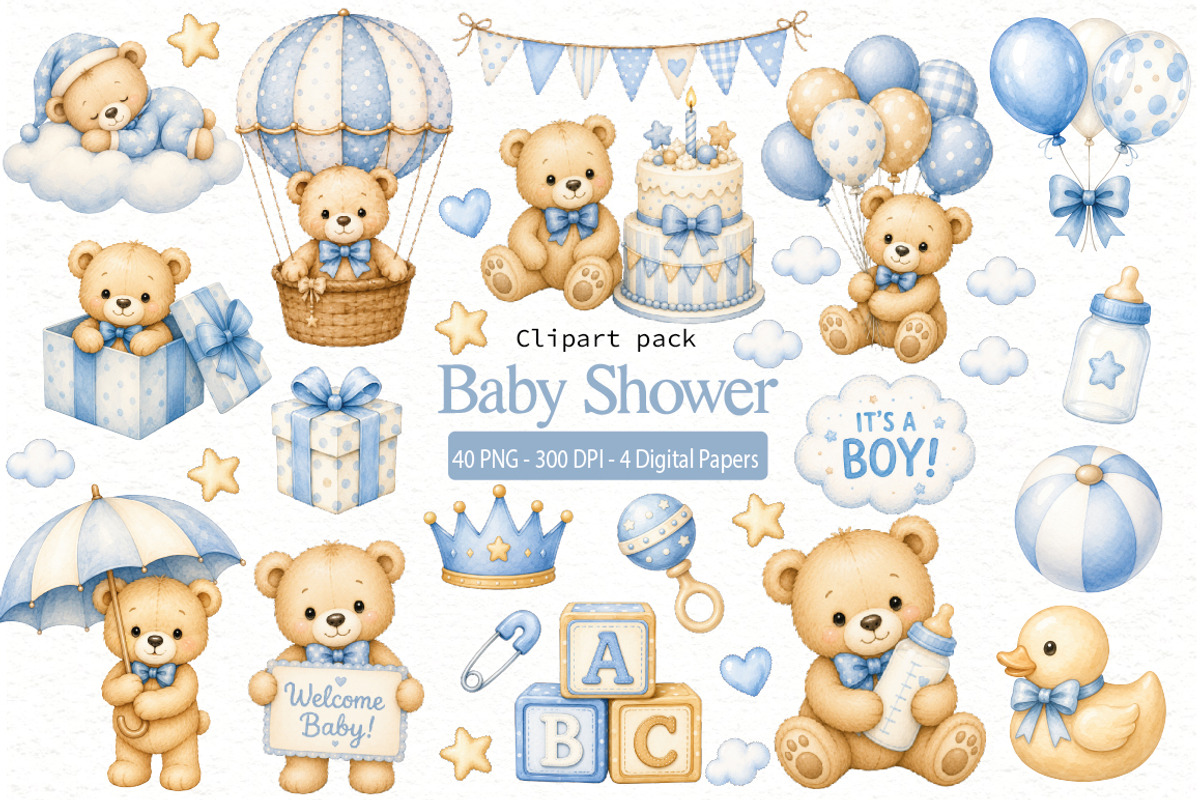 Baby Shower Boy Clipart, an Animal Illustration by Villa 11 Estudio (Photo 1 of 11)