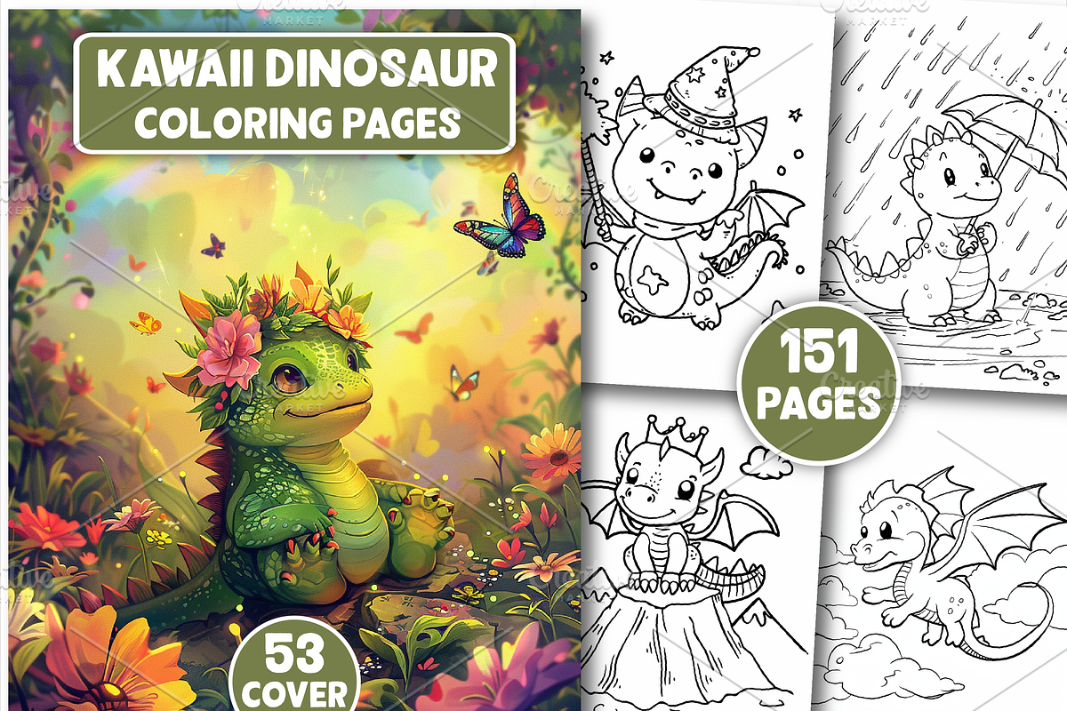 Cute Kawaii Dinosaur Coloring Pages, an Animal Illustration by Design Station (Photo 1 of 5)