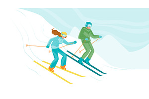 Man And Woman Skiing Downhill From