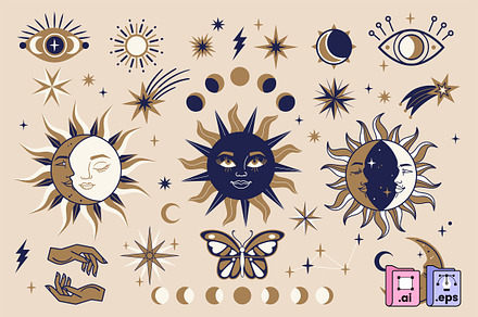 Hand Drawn Celestial Set of Elements
