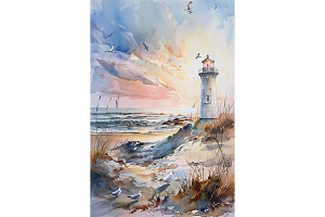 Watercolor Lighthouse by Ocean Waves, a Decorative Illustration by Art Paradise Studios