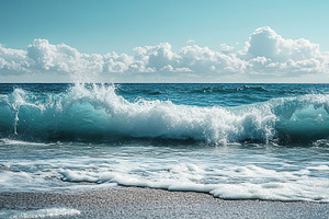 Ocean waves crash onto the sandy shore under a clear blue sky with fluffy cloud, a Nature Photo by AlyaAnd