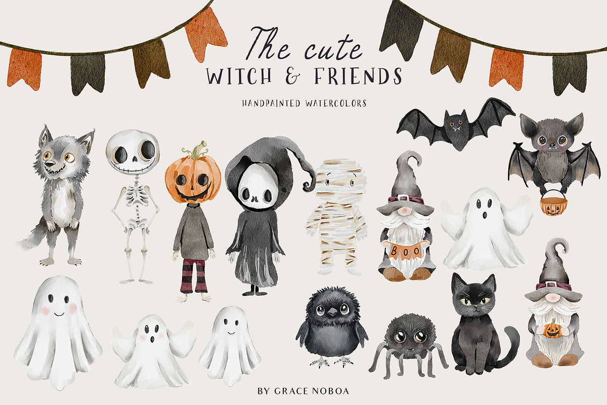 Cute Halloween watercolor clipart, a Seasonal Illustration by Grace Noboa Illustrations (Photo 9 of 12)